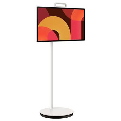 Panneau d'affichage numérique autonome avec un graphique abstrait coloré rouge, orange et rose sur un socle blanc.