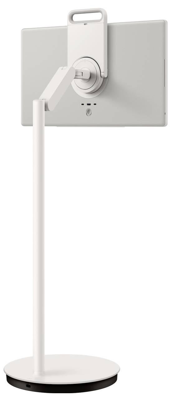Vue arrière d'un moniteur d'ordinateur blanc sur un socle rond, montrant le bras réglable et les ports de câble.