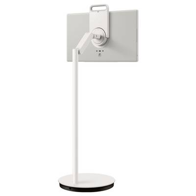Vue arrière d'un moniteur d'ordinateur blanc sur un socle rond, montrant le bras réglable et les ports de câble.
