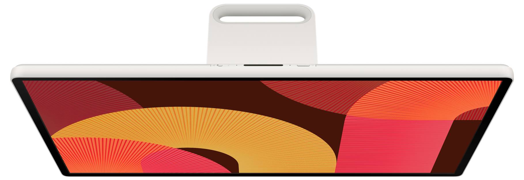Vue de côté d'une tablette ou d'un ordinateur portable avec un motif d'écran abstrait coloré et un support en forme de poignée sur le dessus.