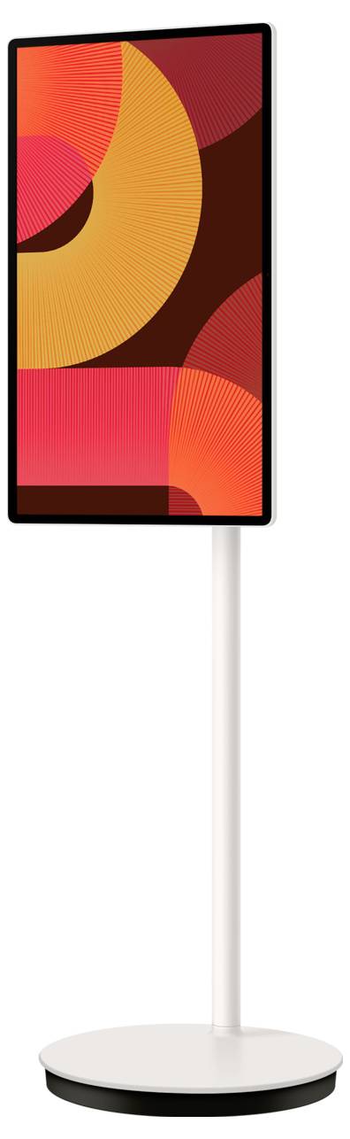 Un écran rectangulaire moderne sur un support blanc affichant un motif géométrique abstrait orange, rouge et rose.