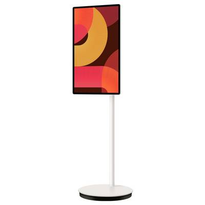 Un écran rectangulaire moderne sur un support blanc affichant un motif géométrique abstrait orange, rouge et rose.