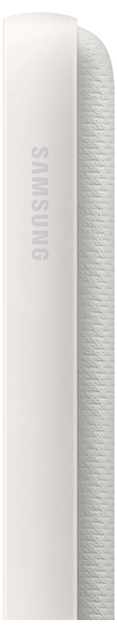 Gros plan du bord d'un smartphone Samsung blanc, montrant le cadre latéral et l'arrière texturé.