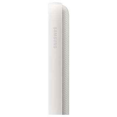 Gros plan du bord d'un smartphone Samsung blanc, montrant le cadre latéral et l'arrière texturé.