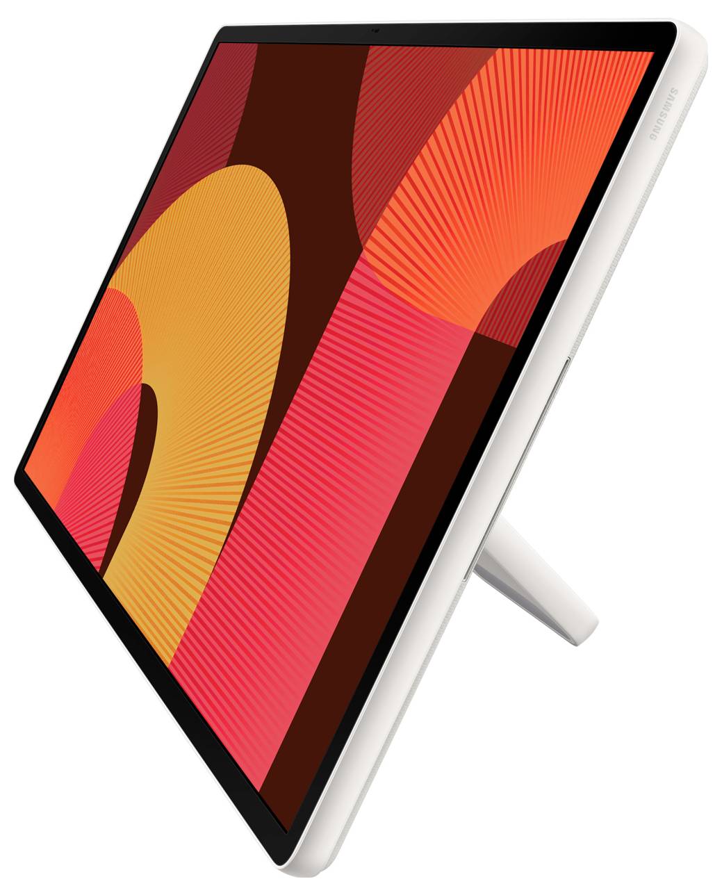 Tablette blanche inclinée affichant un fond d'écran géométrique abstrait vivant en rouge, orange et rose, avec un support de maintien visible à l'arrière.