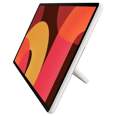 Tablette blanche inclinée affichant un fond d'écran géométrique abstrait vivant en rouge, orange et rose, avec un support de maintien visible à l'arrière.