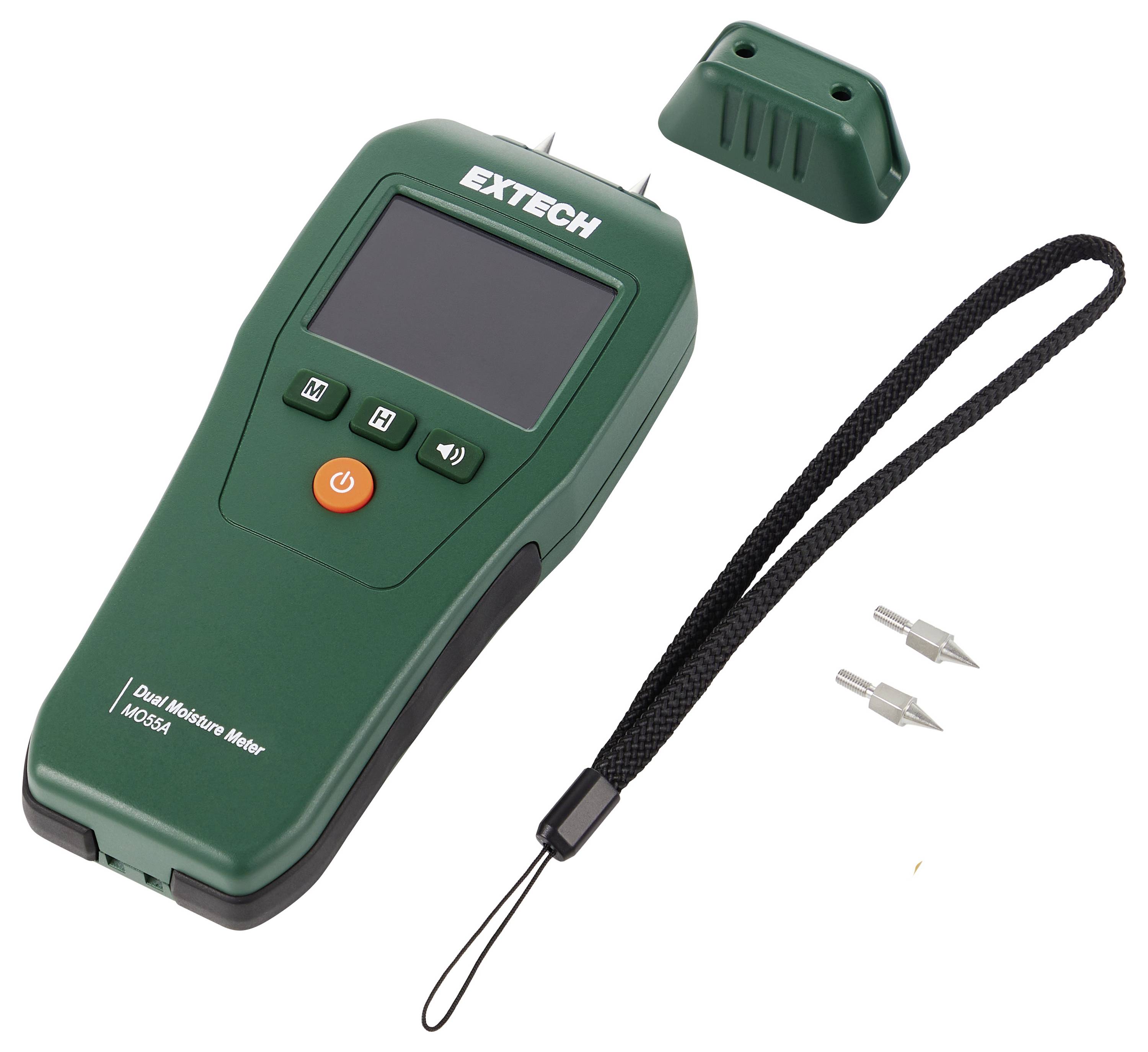 Humidimètre double Extech avec écran et boutons, présenté avec un capuchon de protection, une dragonne et deux pointes de sonde sur un fond blanc.