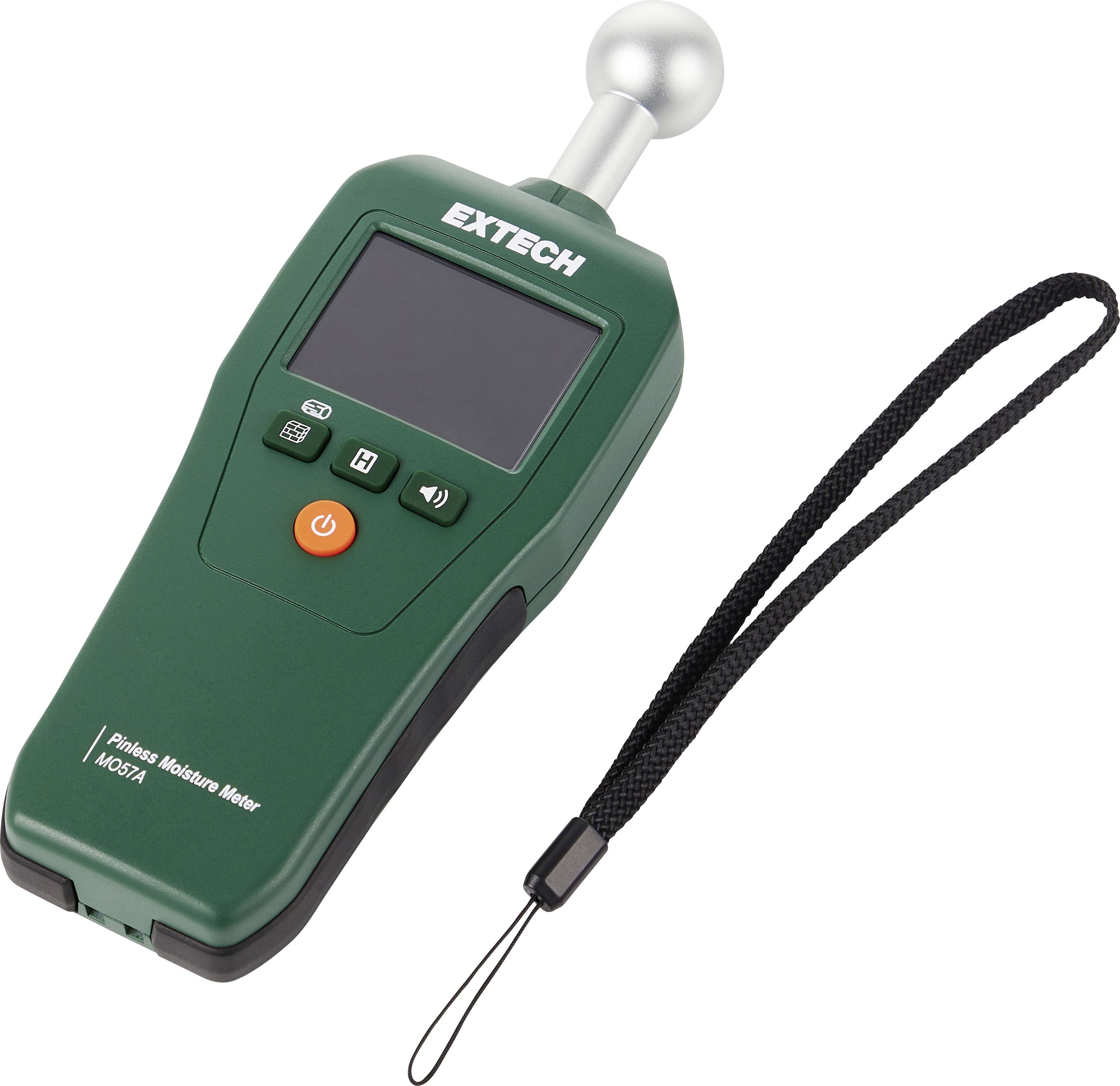 Humidimètre portatif Green Extech avec sonde capteur, écran, boutons et sangle poignet.