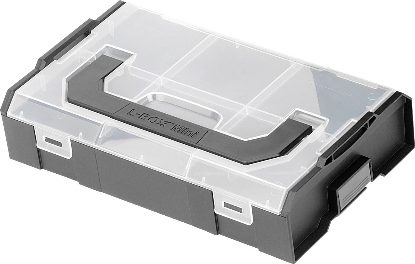 Une boîte de rangement en plastique transparent avec une base gris foncé et un loquet, présentée fermée sur un fond blanc.
