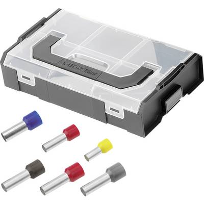 Étui de rangement en plastique avec six embouts/cosses sertis de couleur affichés dessous.
