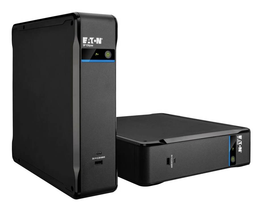 Deux unités Eaton 5E UPS noires présentées sur un fond blanc, l'une en position verticale et l'autre allongée.
