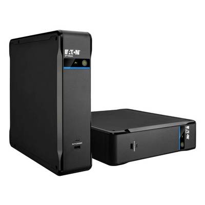 Deux unités Eaton 5E UPS noires présentées sur un fond blanc, l'une en position verticale et l'autre allongée.