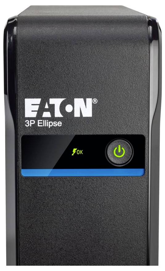 Vue de face d'un onduleur Eaton 3P Ellipse avec bouton d'alimentation, voyant d'état et marque « EATON ».