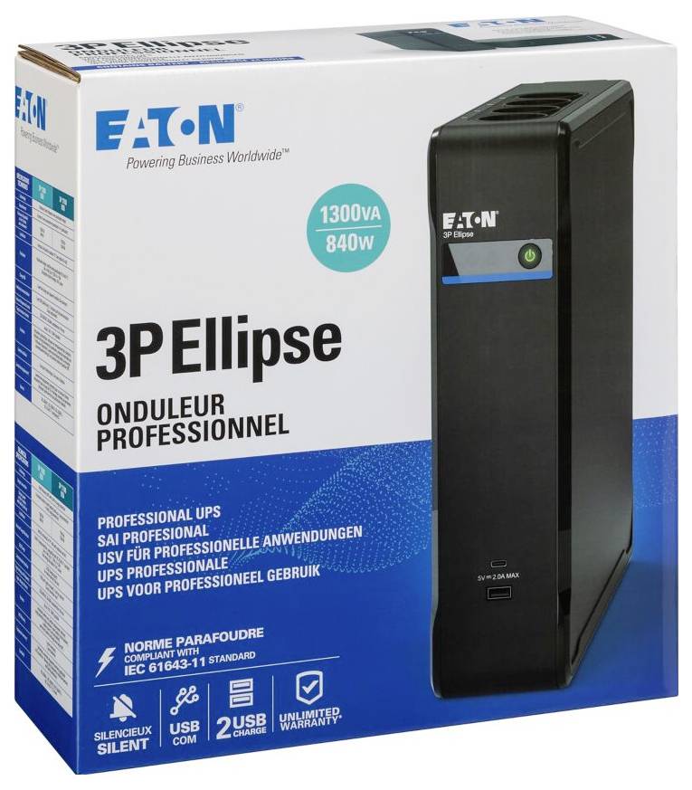 Boîte UPS Eaton 3P Ellipse professional, étiqueté 1300VA 840W, montrant une unité d'alimentation sans interruption noire sur l'emballage.