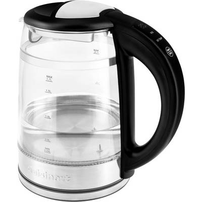 Bouilloire électrique en verre transparent avec poignée et couvercle noirs, graduée à 1,7 litre.