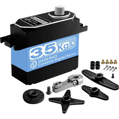 Servo numérique sans noyau Black DS 35kg avec cornes de montage, vis et accessoires sur fond blanc.