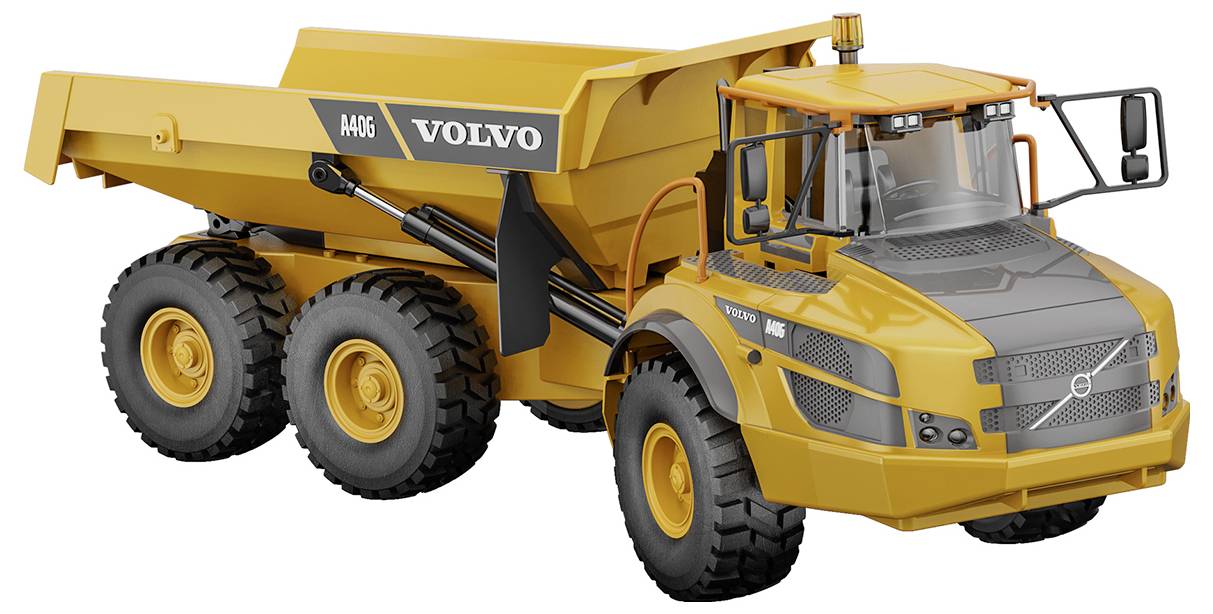 Camion benne articulé Volvo A60G jaune, présenté en vue de profil sur fond blanc.