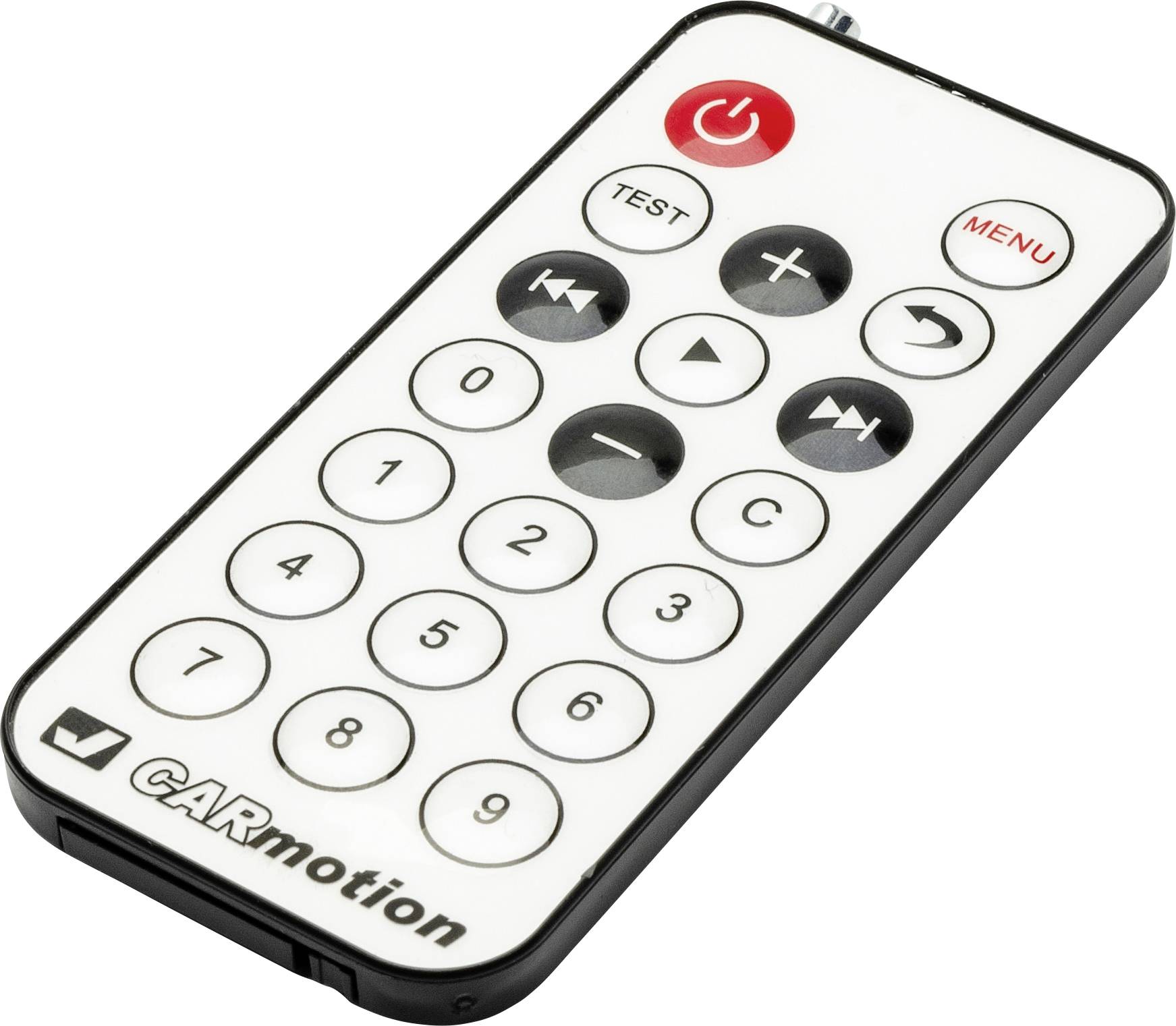 Une télécommande portant l'étiquette « GARMotion » avec des boutons d'alimentation, de test, de menu, de lecture, de numérotation et de fonction sur un cadran blanc.
