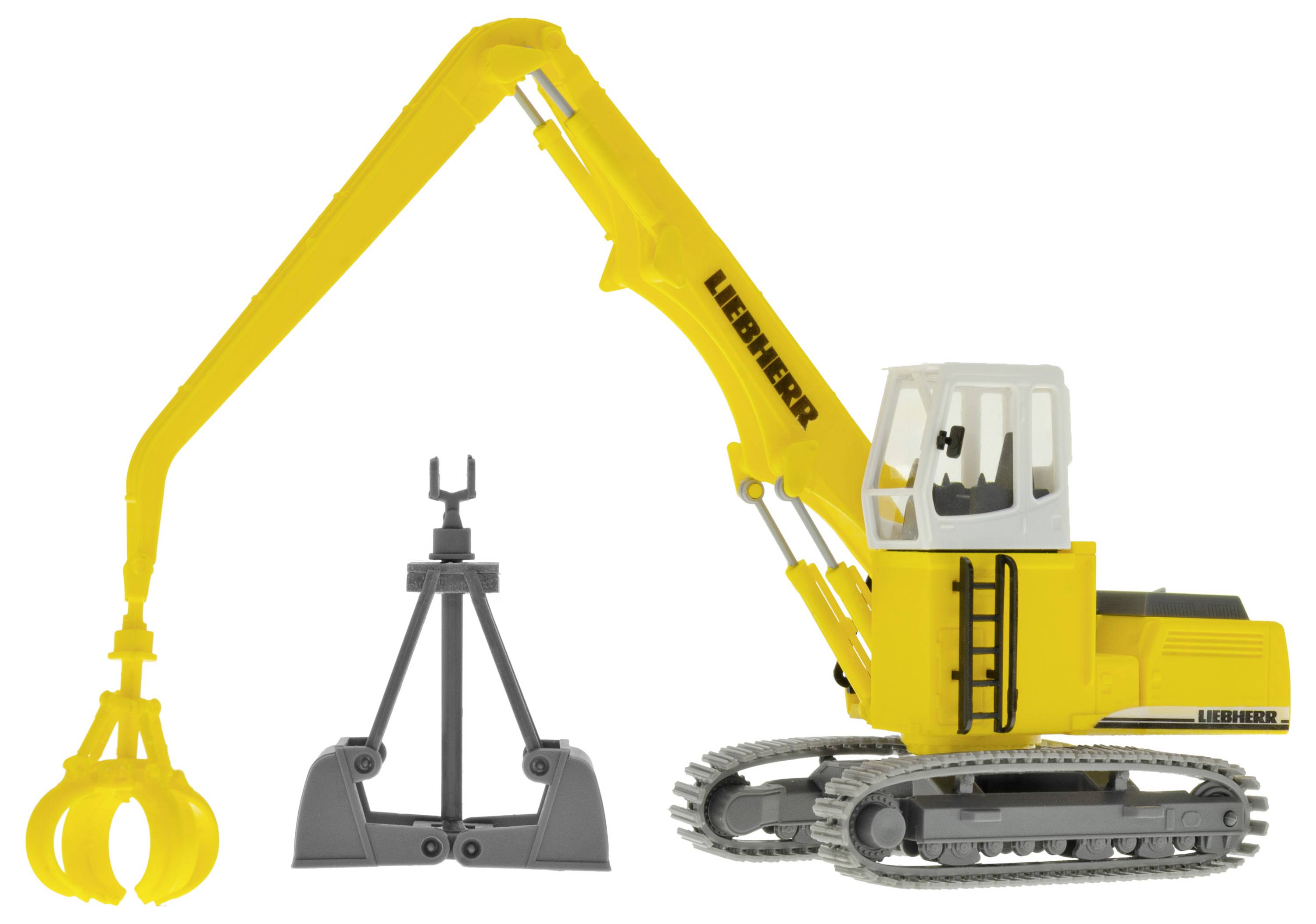 Manutentionnaire Liebherr jaune sur chenilles avec longue flèche et grappin, montré aux côtés d'une pince grise sur fond blanc.