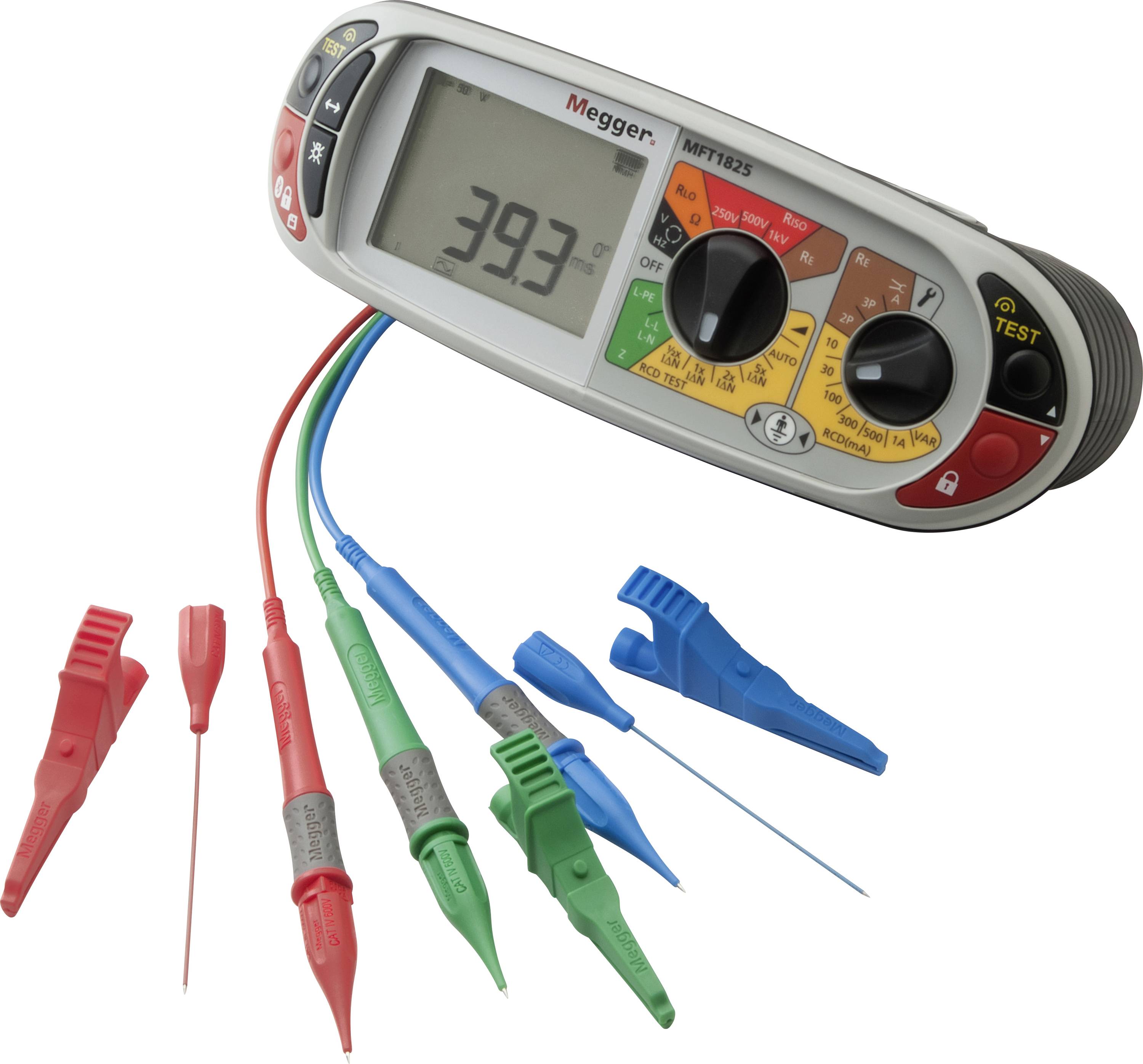 Testeur électrique Megger avec affichage numérique et fils de test à code couleur connectés et sondes sur fond blanc.