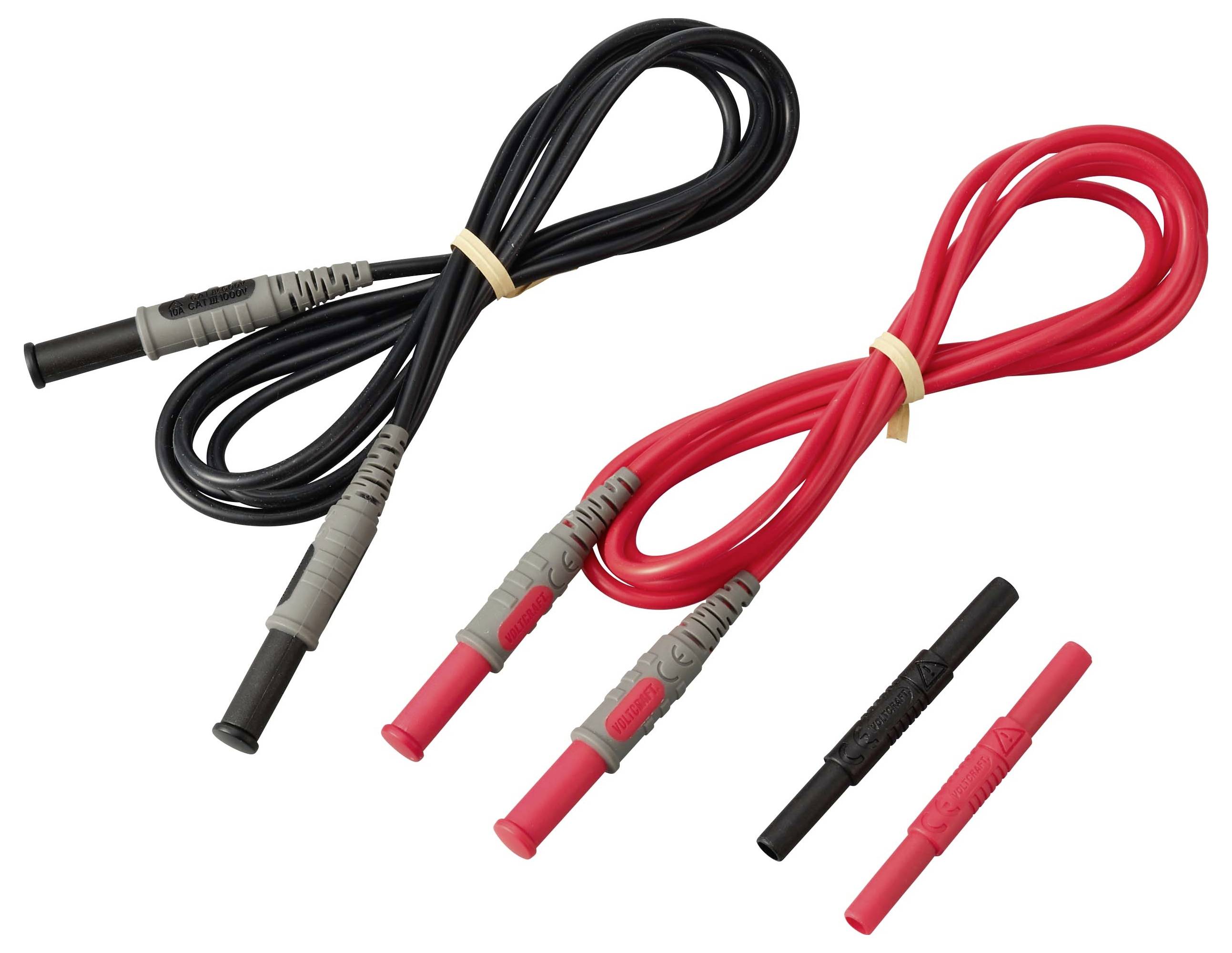 Fils de test multimètre rouges et noirs avec pointes de sonde isolées, présentés enroulés et séparés sur un fond blanc.