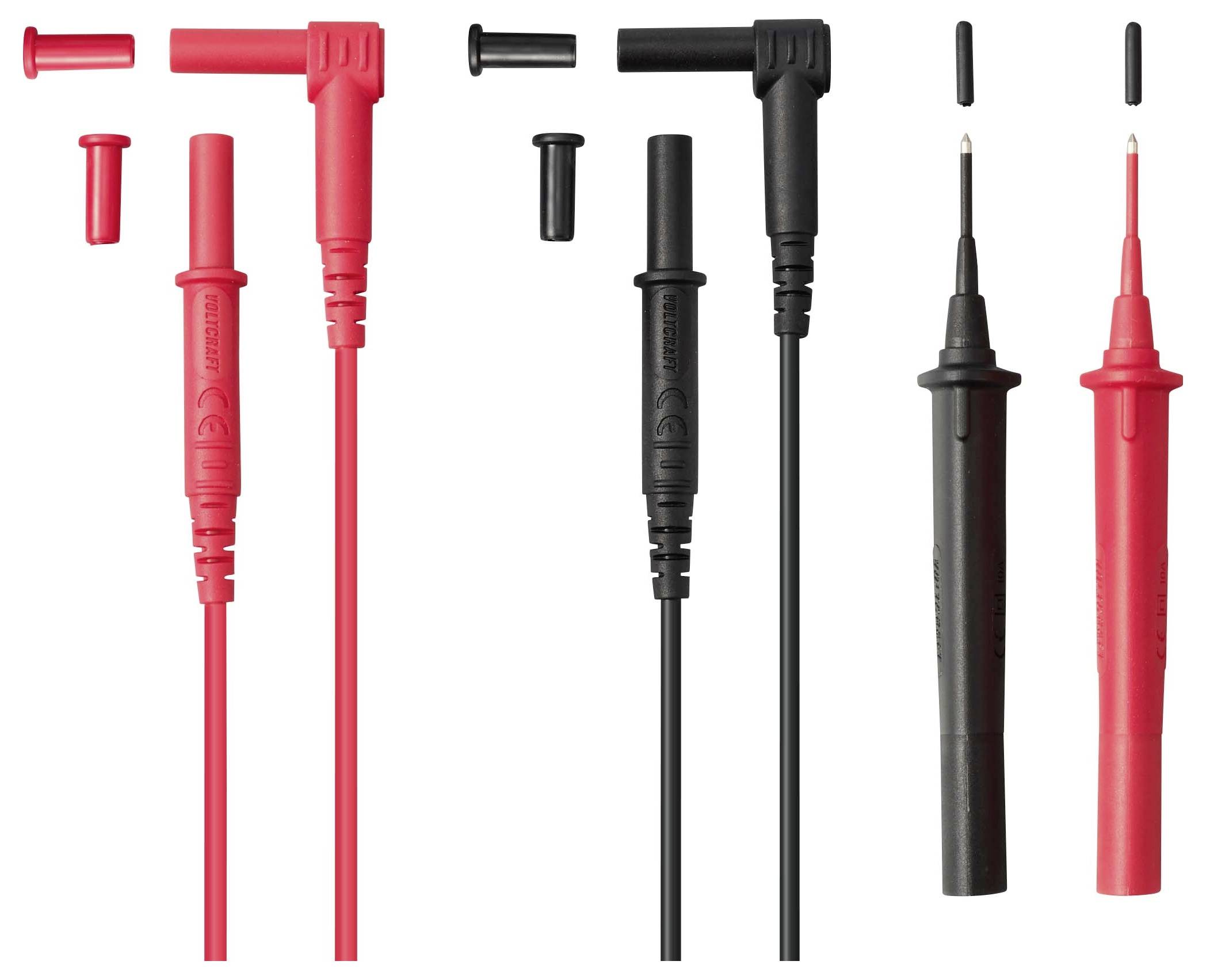 Assortiment de pointes de test de multimètre en rouge et noir, présentées avec des embouts amovibles et des connecteurs coudés sur un fond blanc.