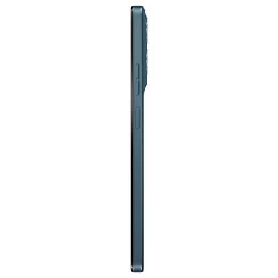 Vue latérale d'un smartphone de couleur bleu-vert, montrant son profil mince avec des boutons latéraux.