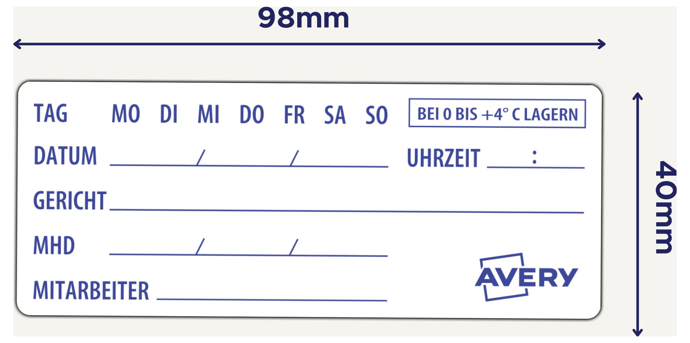 Modèle d'étiquette alimentaire Avery, 98 mm sur 40 mm, avec champs pour étiquette, date, plat, date d'expiration, personnel, heure, et « conserver entre 0 et +4°C ».