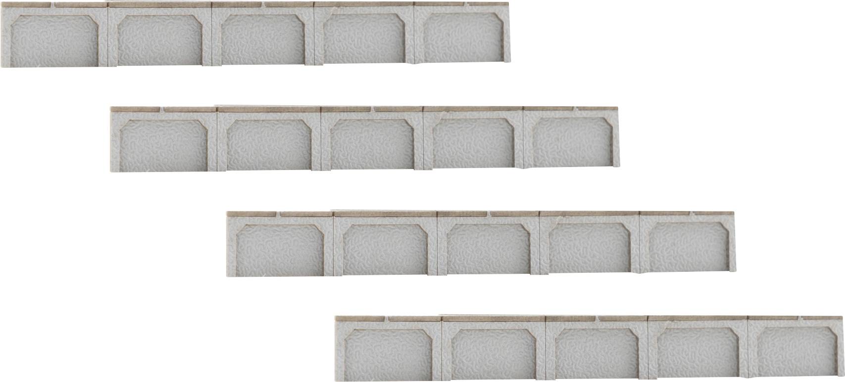 Quatre rangées décalées de blocs rectangulaires gris sur fond blanc, ressemblant à des échantillons de motifs de briques ou de carreaux.