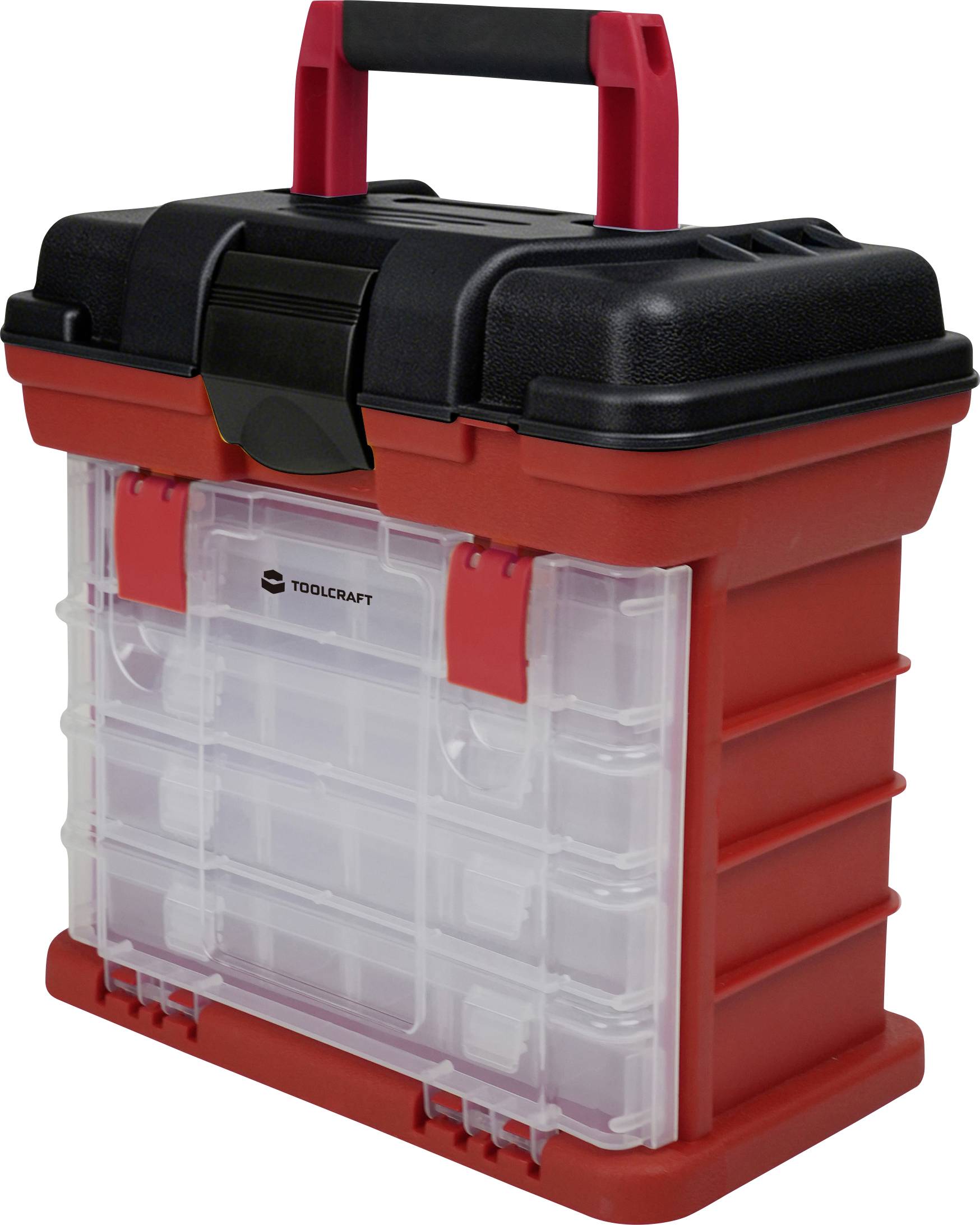 Boîte à outils portable rouge et noire avec poignée supérieure et tiroirs organisateurs avant transparents.