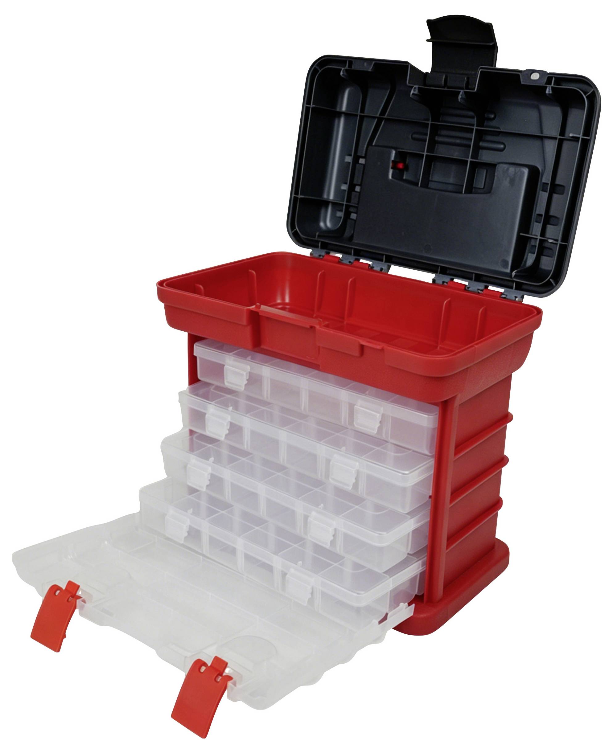 Organisateur de boîte à outils rouge avec couvercle ouvert et quatre tiroirs de rangement transparents extractibles, un tiroir ouvert pour montrer les compartiments.