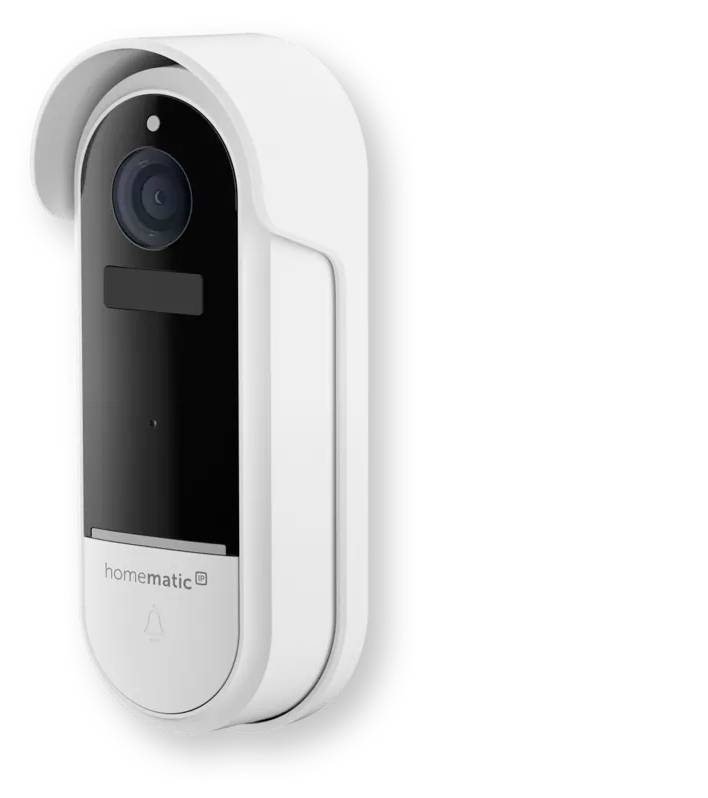 Caméra de sécurité intelligente montée sur mur blanc ou sonnette avec lentille avant noire et marque Homatic