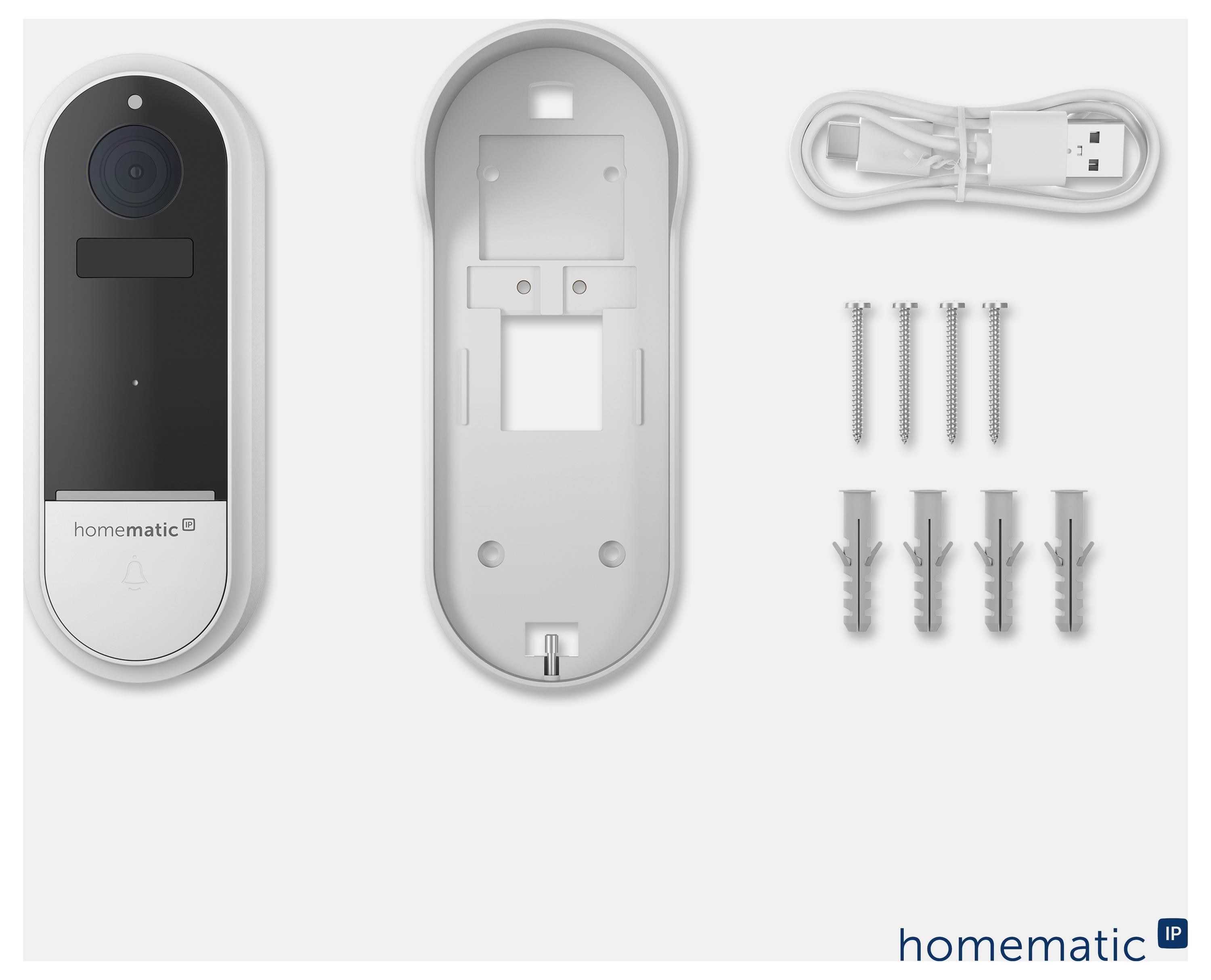 Kit de caméra de porte intelligente avec unité avant et arrière, câble USB, vis, chevilles murales et matériel de montage sur fond blanc.