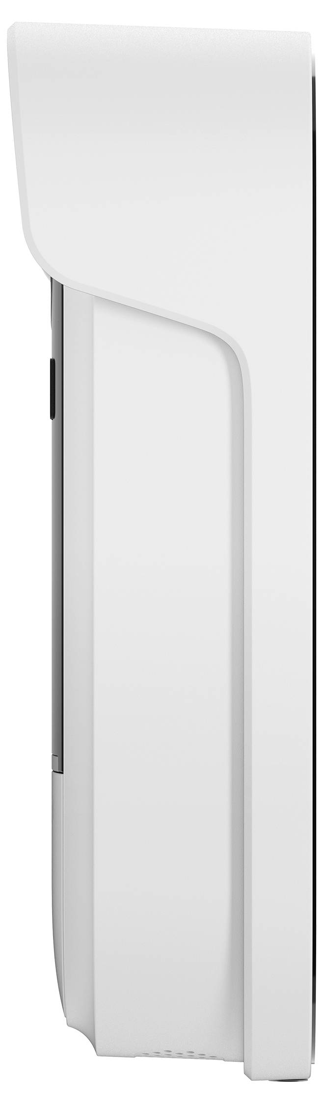 Sèche-mains blanc montéà la mur, vue de face, avec boîtier lisse et incurvé et couture latérale étroite sur un fond uni.