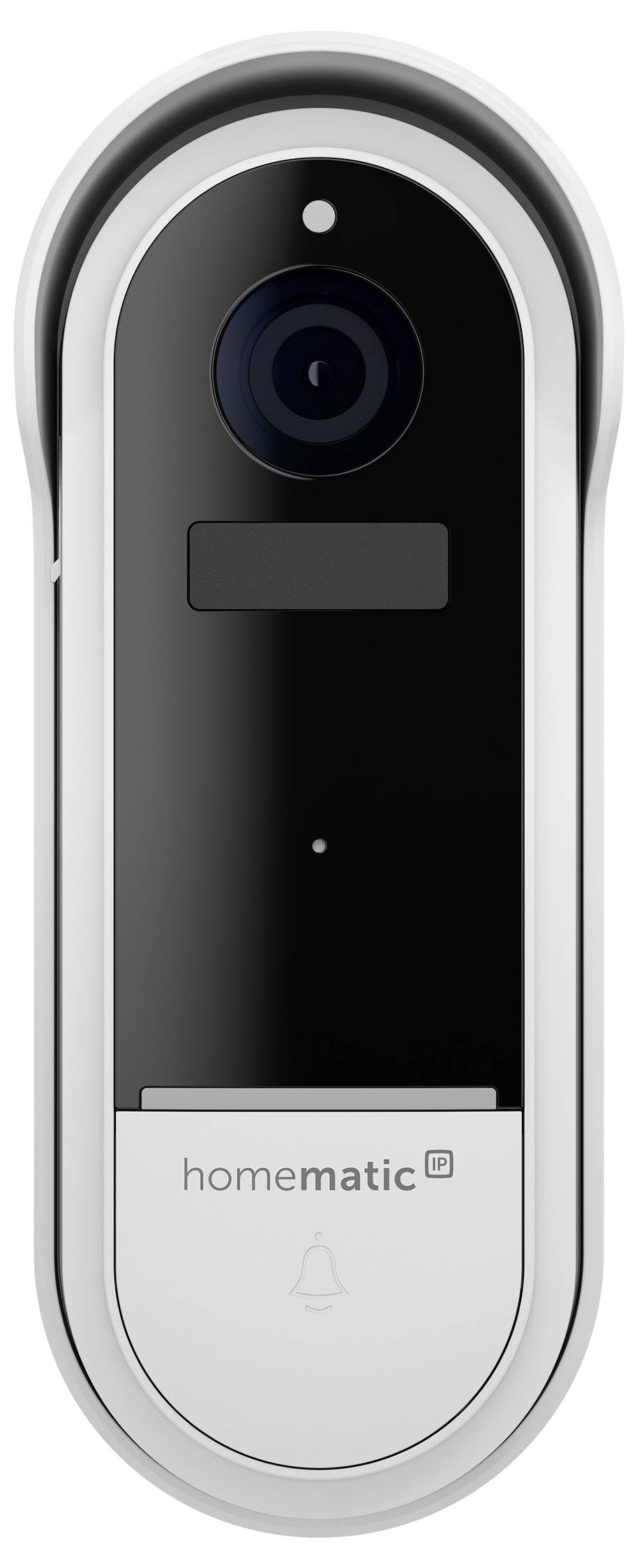 Vue de face d'une sonnette intelligente Homematic IP avec caméra, objectif, capteur et zone de bouton sur un boîtier ovale blanc.
