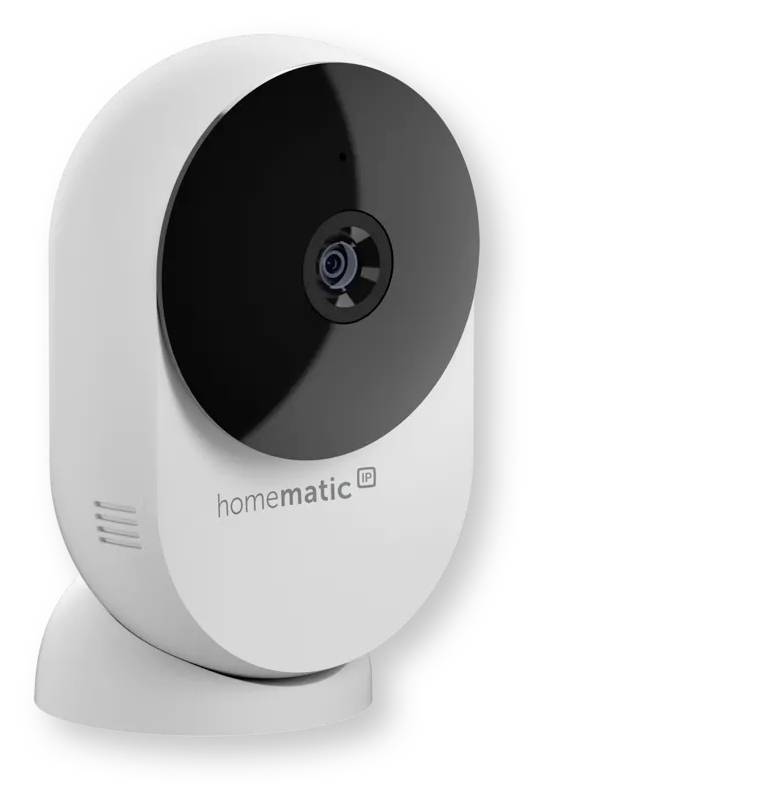 Caméra de sécurité Homematic IP blanche avec un grand panneau de lentille circulaire noir sur un petit support, présentée sur un fond neutre.