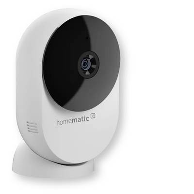 Caméra de sécurité Homematic IP blanche avec un grand panneau de lentille circulaire noir sur un petit support, présentée sur un fond neutre.