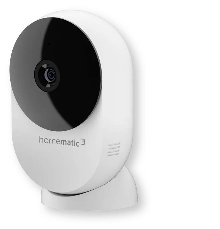 Caméra de sécurité intérieure Homematic blanche avec objectif circulaire noir et socle sur un support.