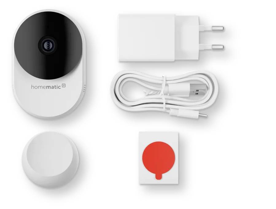 Le smartphone affiche l'application 'Système d'alarme' avec des images de caméra ; à côté un salon moderne. Texte : « Surveillance vidéo fiable en intérieur – signale les mouvements par application ».