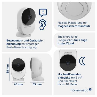Infographie sur la caméra Homematic IP : détection des mouvements et des bruits avec notification push, socle magnétique, stockage cloud 7 jours, vision nocturne jusqu'à 10 mètres, dimensions 88 x 45 x 55 mm.