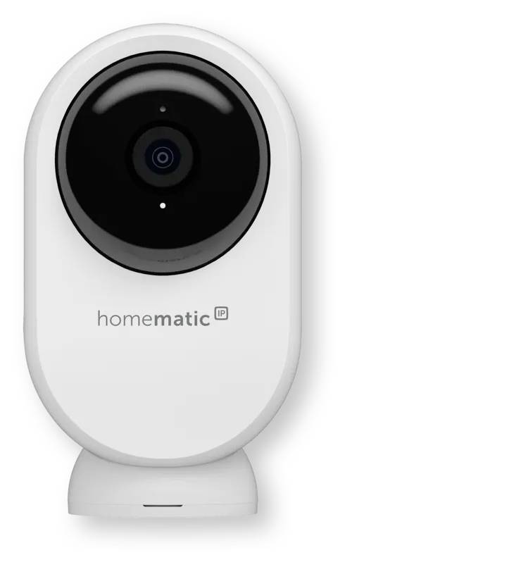 Caméra de sécurité IP Homatic blanche avec un grand objectif noir sur un petit support, vue de face sur un fond uni.