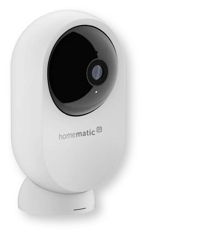 Caméra de sécurité intérieure Homematic IP blanche avec un objectif circulaire noir sur un petit support, présentée sur un fond uni.