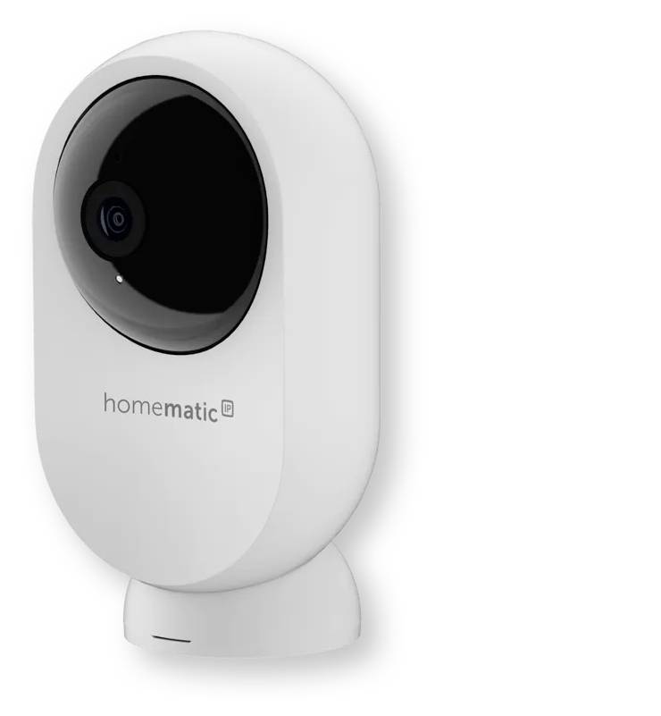 Caméra de sécurité intérieure Homematic blanche avec objectif noir sur un support, présentée sur un fond neutre.