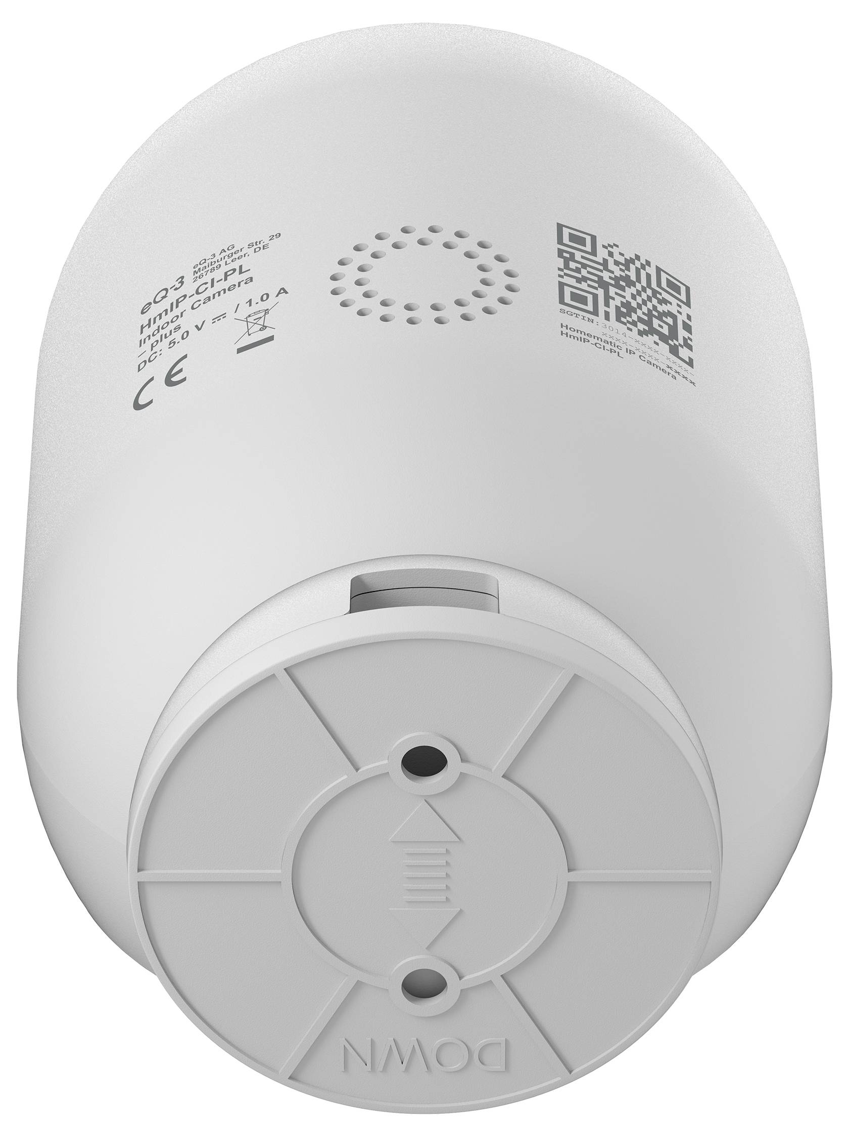 Détecteur de fumée cylindrique blanc avec trous de ventilation, un code QR et une base de montage vus par en dessous.