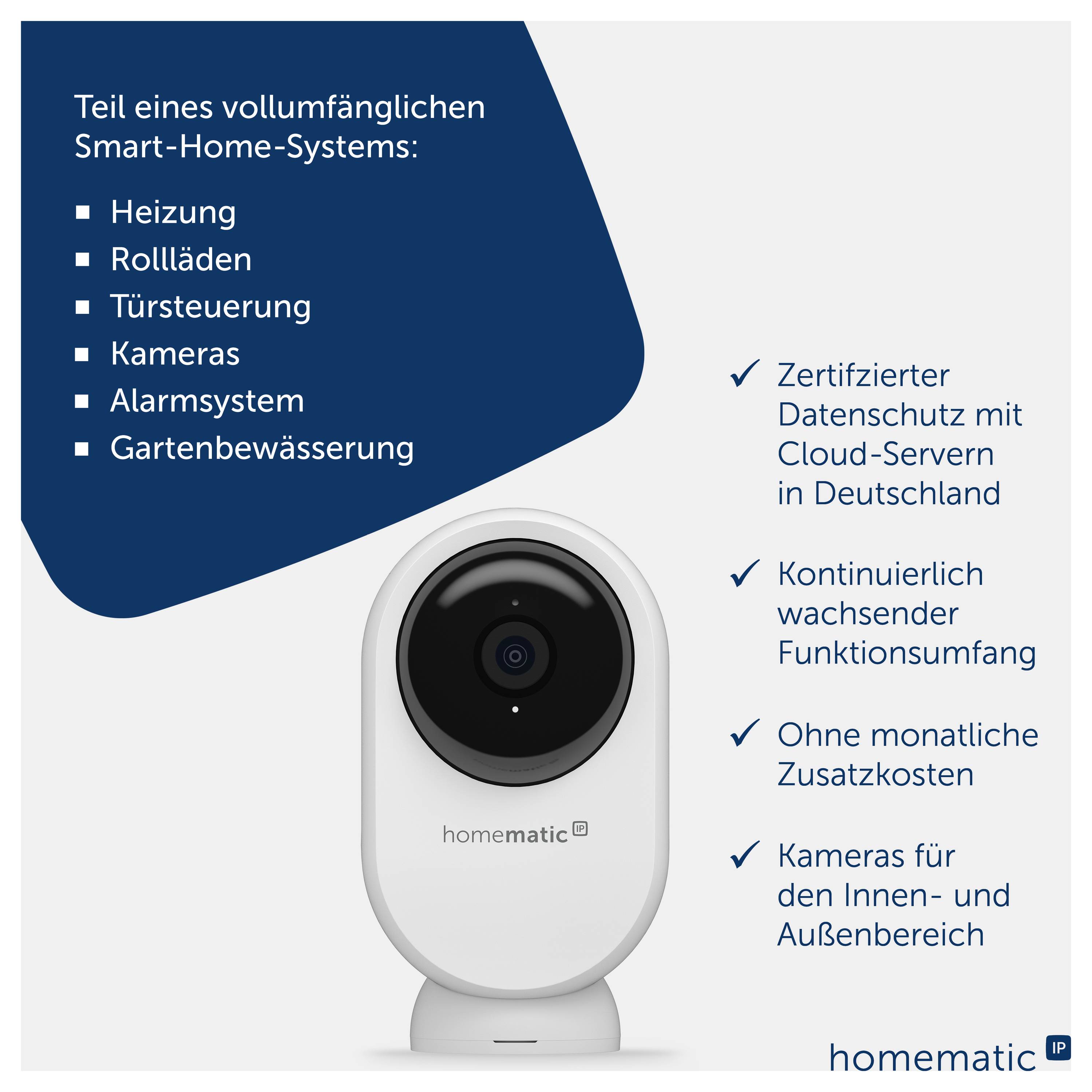 Publicité pour un système domotique avec caméra : Contrôle du chauffage, des volets roulants, des portes, des caméras, de l'alarme et de l'arrosage du jardin ; Protection des données en Allemagne, aucun frais supplémentaires.
