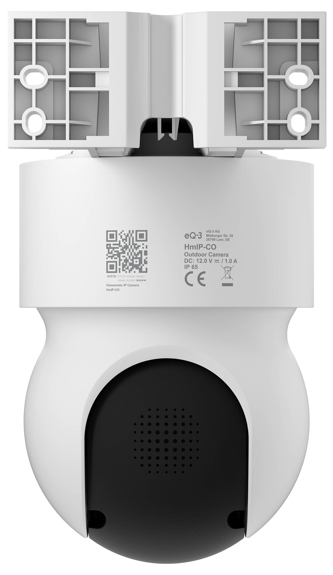 Caméra de sécurité extérieure blanche avec étiquette code QR, cache-objectif noir frontal et support de montage double ajustable en haut.