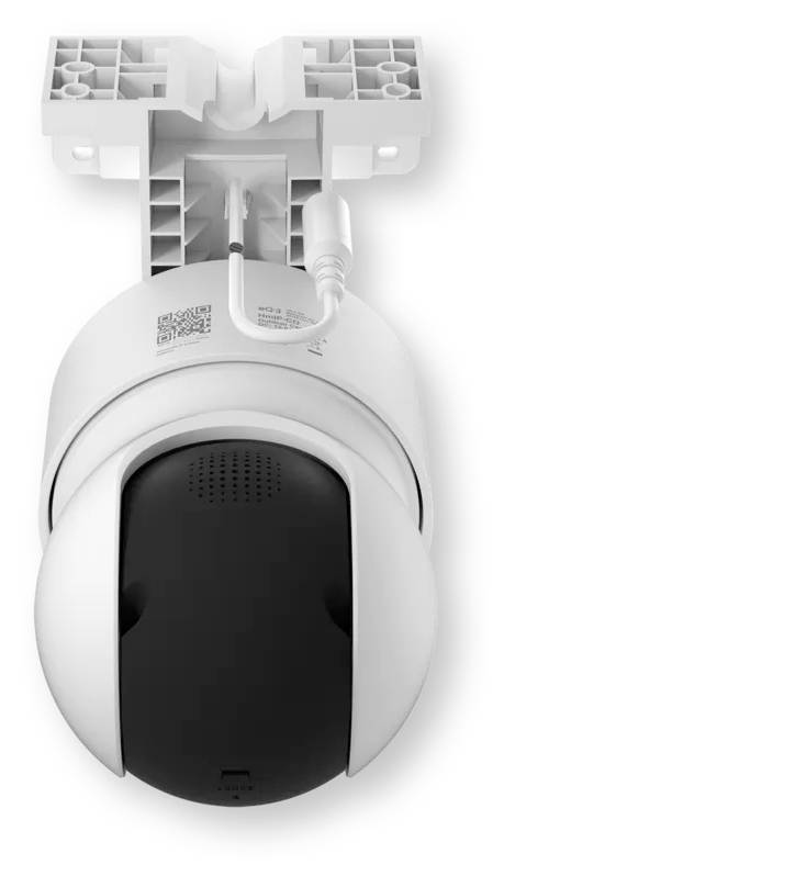 Caméra de sécurité blanche montée au plafond avec boîtier d'objectif noir et support de montage sur fond uni.