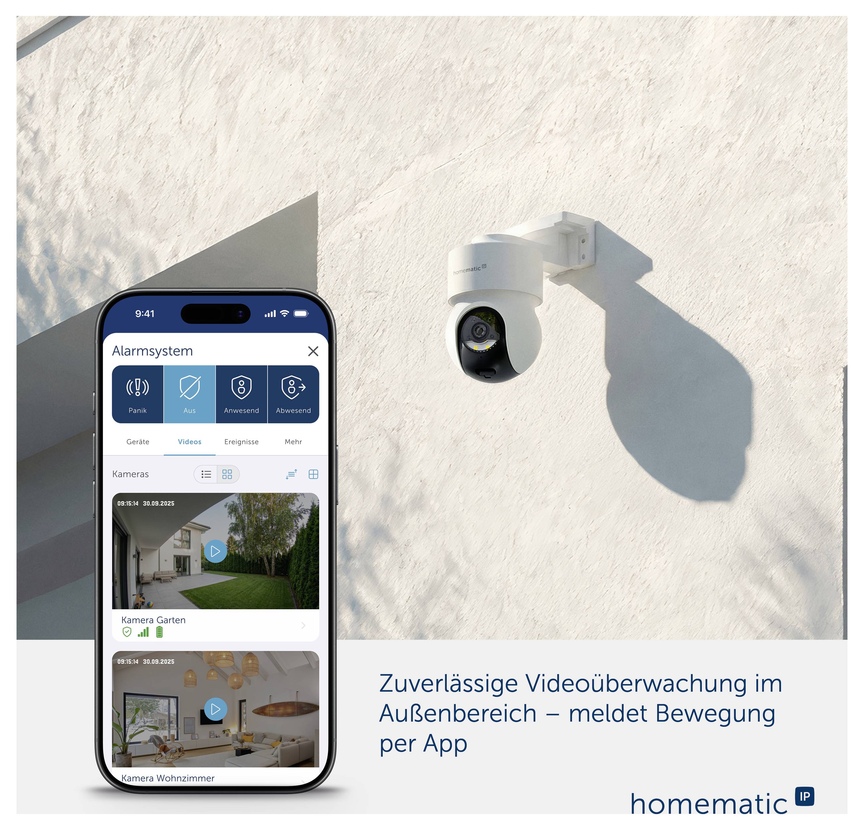 Publicité pour une caméra extérieure : L'application sur le smartphone affiche le système d'alarme et les images de la caméra ; le texte mentionne une surveillance vidéo fiable en extérieur avec alerte de mouvement via l'application.