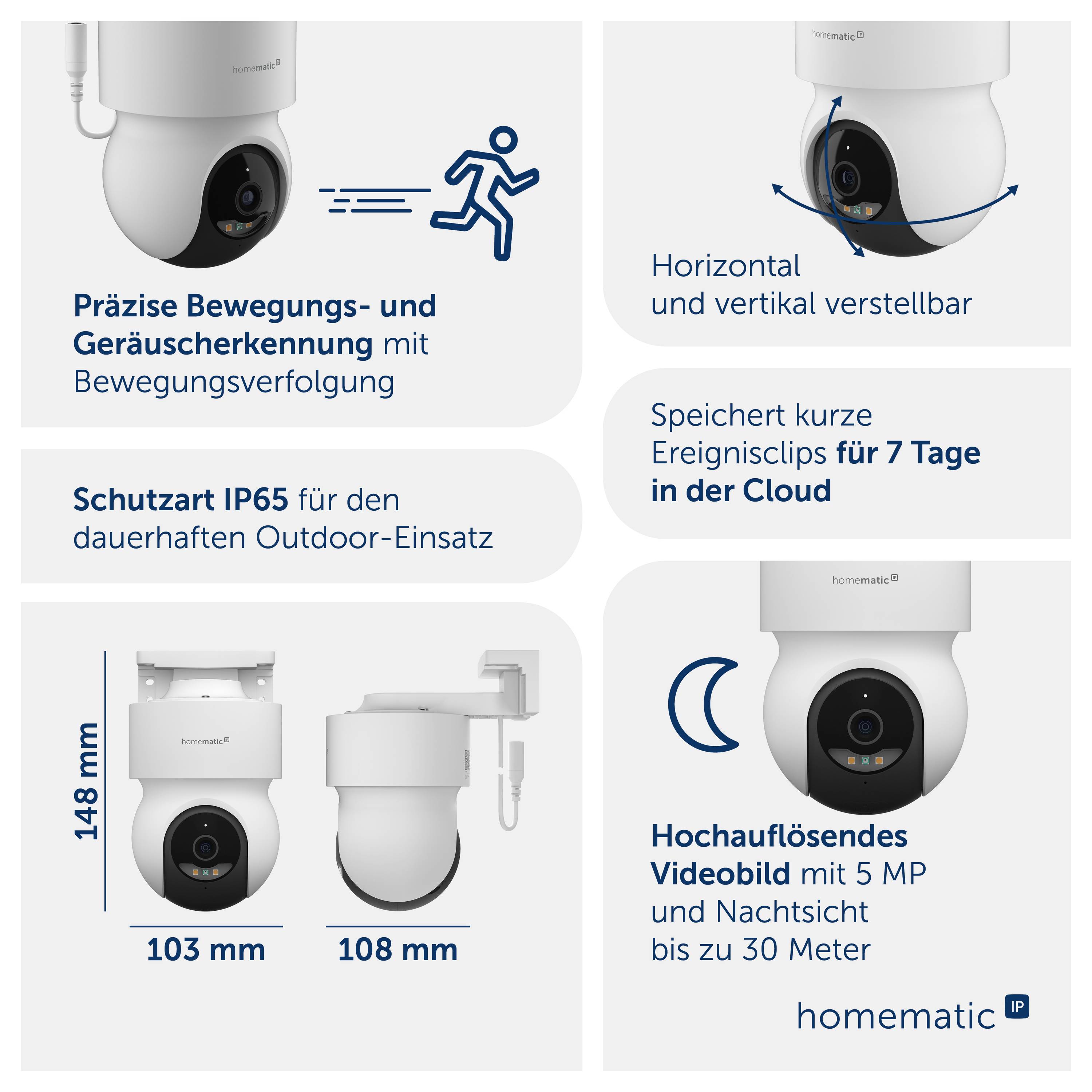 Graphique produit d'une caméra d'extérieur avec fonctionnalités : détection de mouvement et de bruit avec suivi, réglable horizontalement et verticalement, IP65, stockage cloud 7 jours, 5 MP, vision nocturne jusqu'à 30 m.