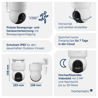 Graphique produit d'une caméra d'extérieur avec fonctionnalités : détection de mouvement et de bruit avec suivi, réglable horizontalement et verticalement, IP65, stockage cloud 7 jours, 5 MP, vision nocturne jusqu'à 30 m.
